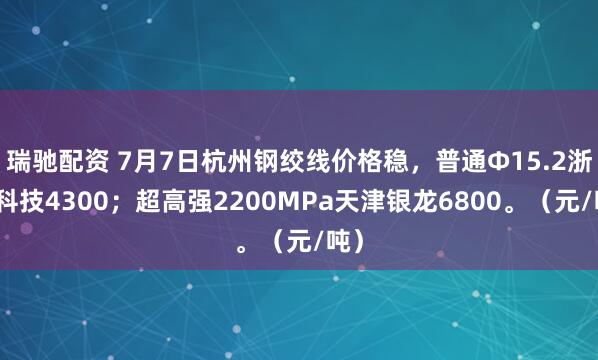 瑞驰配资 7月7日杭州钢绞线价格稳，普通Φ15.2浙锚科技4300；超高强2200MPa天津银龙6800。（元/吨）